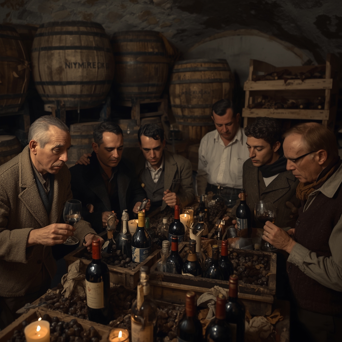 Men secretly buying wine in a cellar